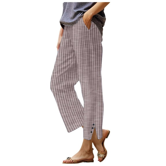 vigerkar Womens Striped Linen Pants 2025 Summer Casual High Waisted Cropped Pants Loose Straight Leg Dressy Trousers with Pockets , XXL