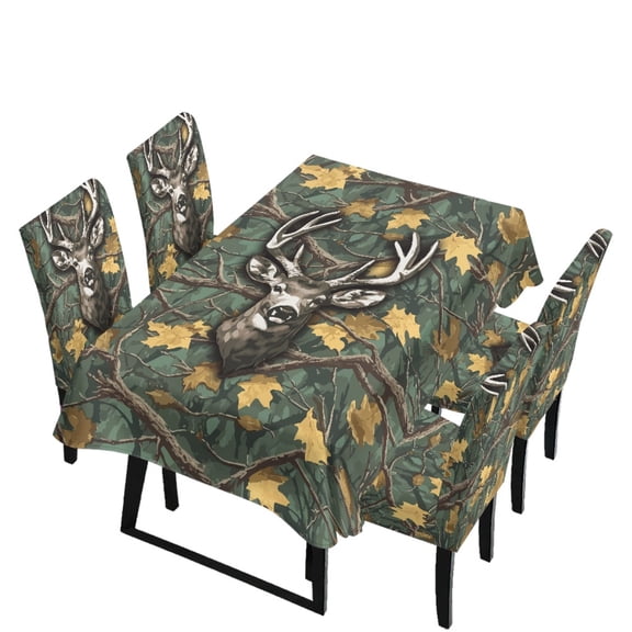 Xoenoiee Deer Hunting Camo Pattern 5 Pcs Tablecloth and Chair Covers Set Stretch Washable Table Cover and Seat Protector Slipcovers for Dining Room Kitchen Party (Rectangle, 82 x 55 Inch)