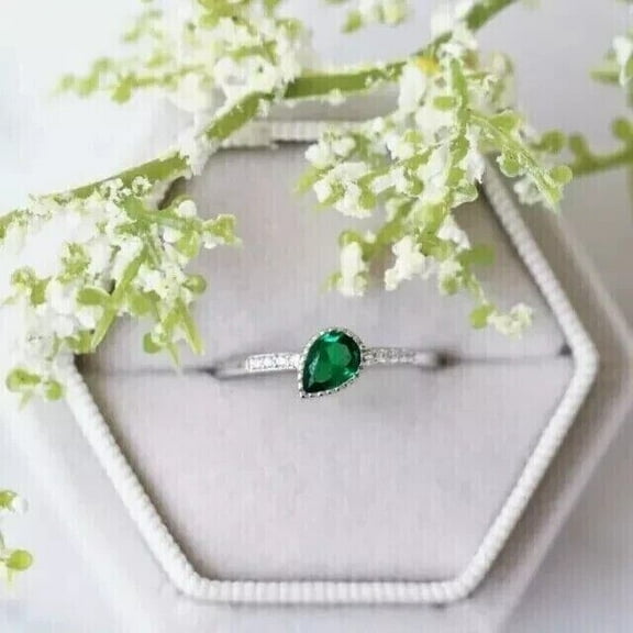 Women's Pretty Engagement Ring 2.10Ct Pear Cut Lab Created Green Emerald 14K White Gold Plated