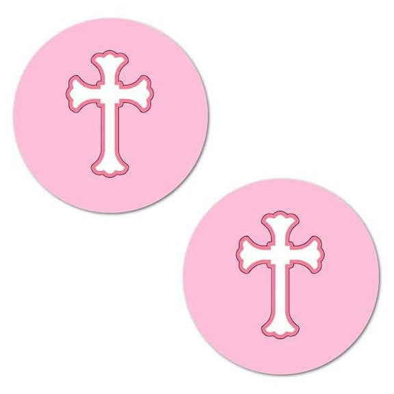 40 Pink Cross Stickers, 2 Inch Big Round Glossy Labels, Theme Baptism, Christening Decorations, Communion or Baby Shower, Great for Party Favors, Tags, Games And Supplies. Made in USA