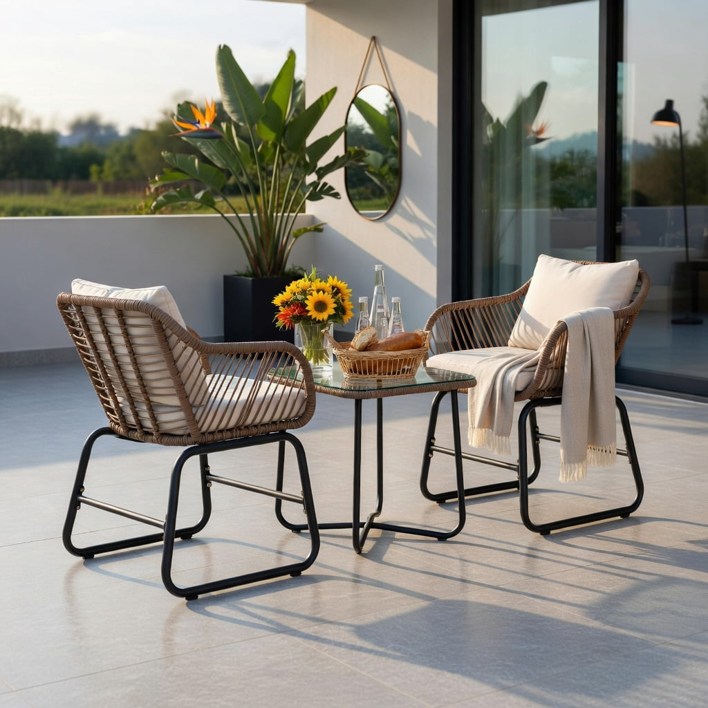 Hommoo 3-Piece Outdoor Bistro Set, PE Rattan Chairs with Square Tempered Glass Coffee Table, Includes Cushions & Lumbar Pillows for Patio, Balcony & Garden, White