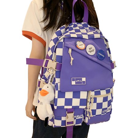 

Geruite Plaid Schoolbag for Girls Plush Duck Pendant Grid Computer Backpacks Large School Girl Packs Supplies with Many Pockets for Carrying Books Pens Notebooks imaginative