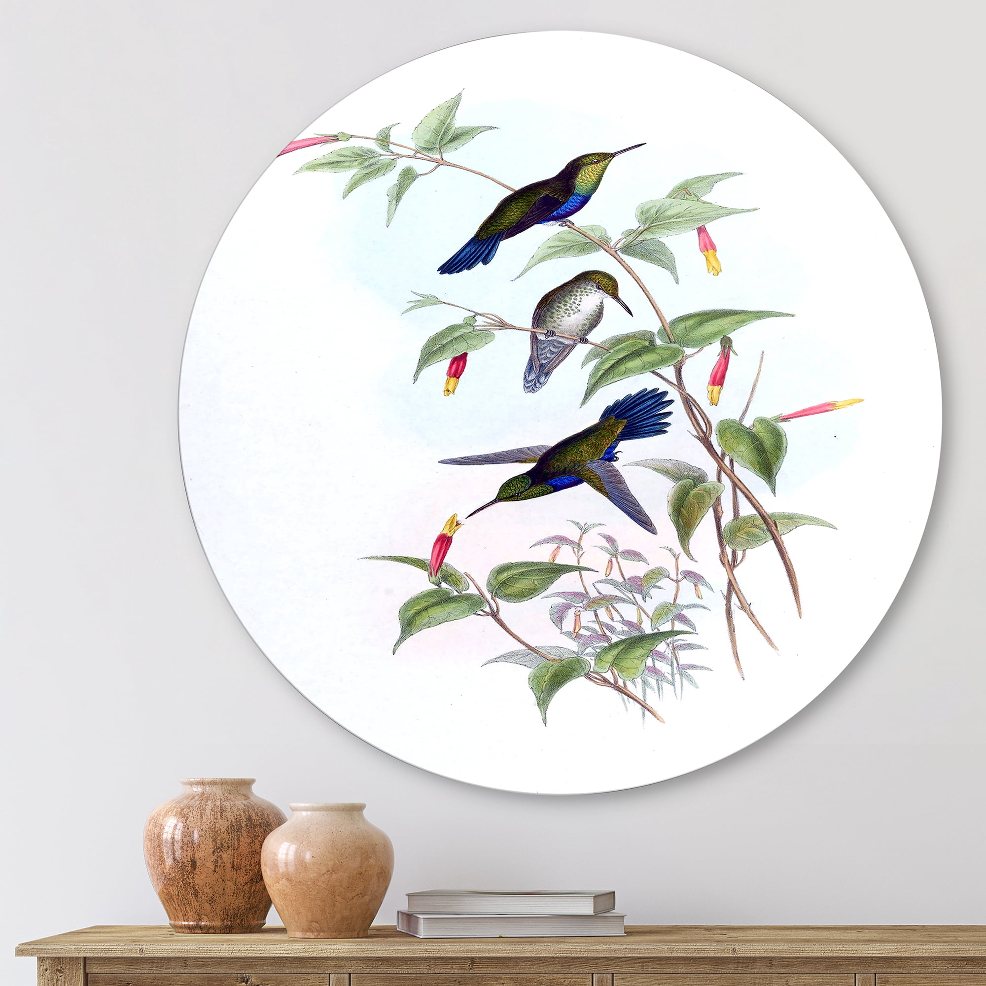 Designart 'Ancient Hummingbird I' Traditional Circle Metal Wall Art 23x23 - Disc of 23
