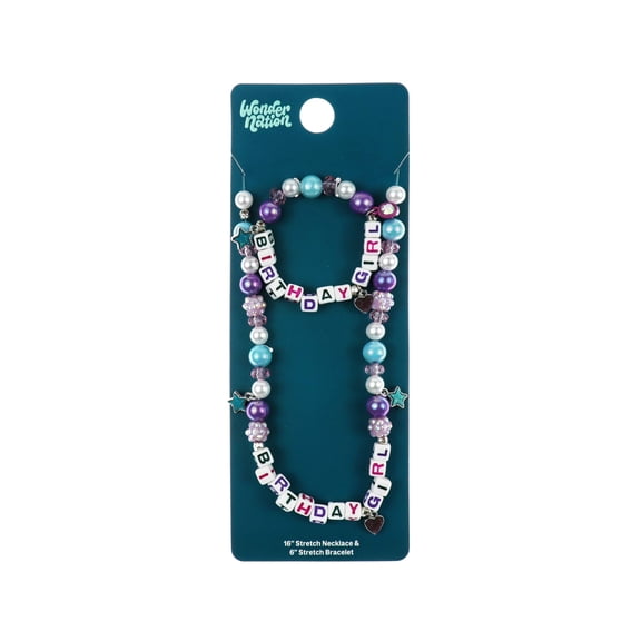 Wonder Nation Kids Birthday Girl Block Letter Stretch Necklace and Bracelet Set, 2 Pack Multi-color