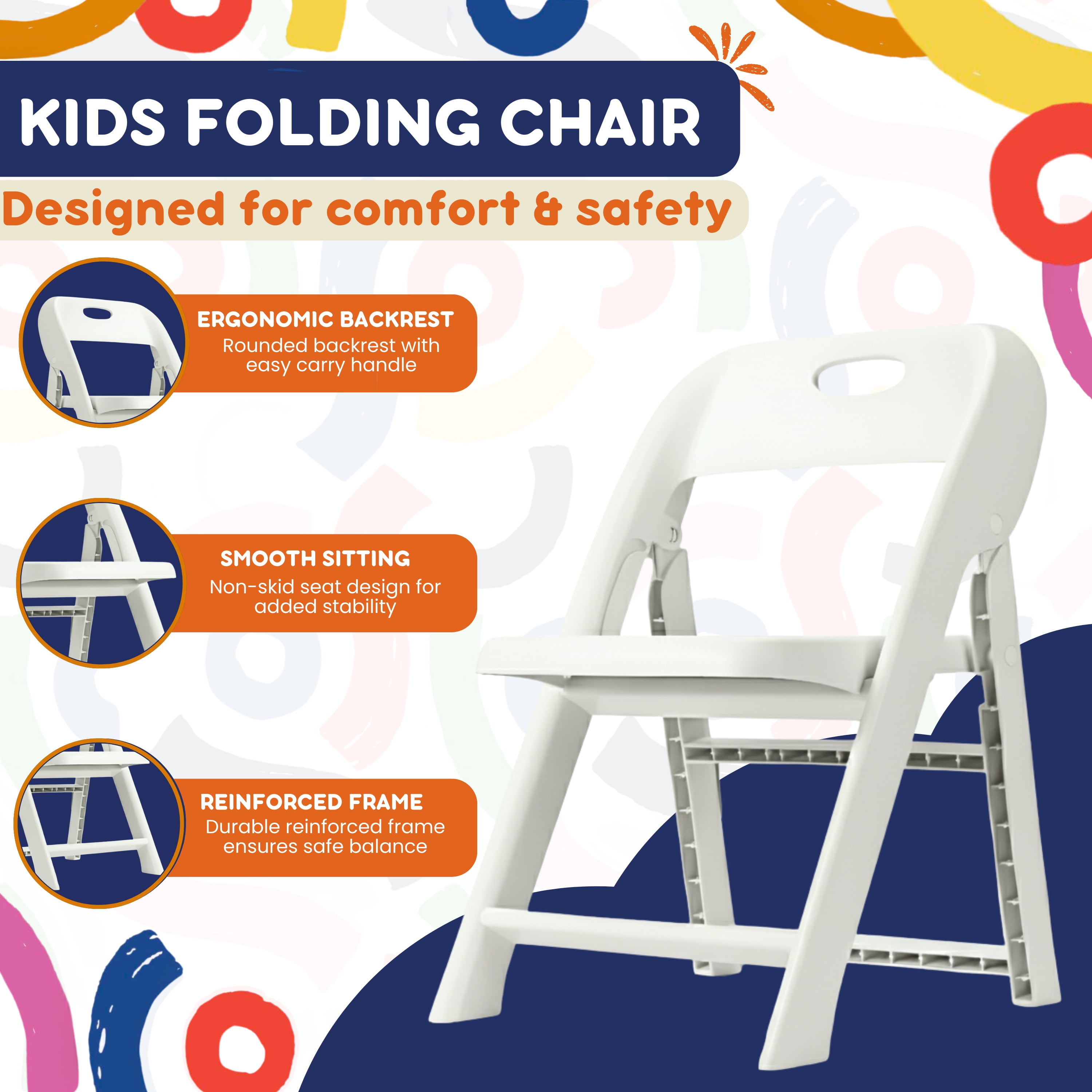 Giggle & Play Folding Chairs, Portable and Lightweight Kids Chair with Backrest, White, 2 Pack