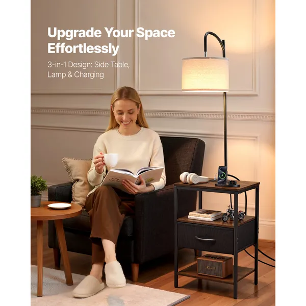 Floor Lamp with Table, 3-Tier End Table with Drawer and 3 Color Temperature Lighting, Modern Side Nightstand Bedside Desk with USB & Type C & AC Charging Port for Living Room, Bedroom, Dorm