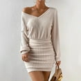 thumbnail image 3 of Efsteb Womens Fall Fashion 2025 Long Sleeve Bodycon Dresses Ribbed V Neck Mini Dress Ruched High Waisted Business Casual Dresses (Beige,L), 3 of 8