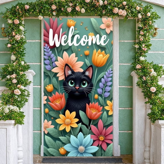 Colorful Welcome Banner Floral Black Display Green Leaves Cartoon Style Pet Backdrop for Home Decoration Garden Party Welcome Scene