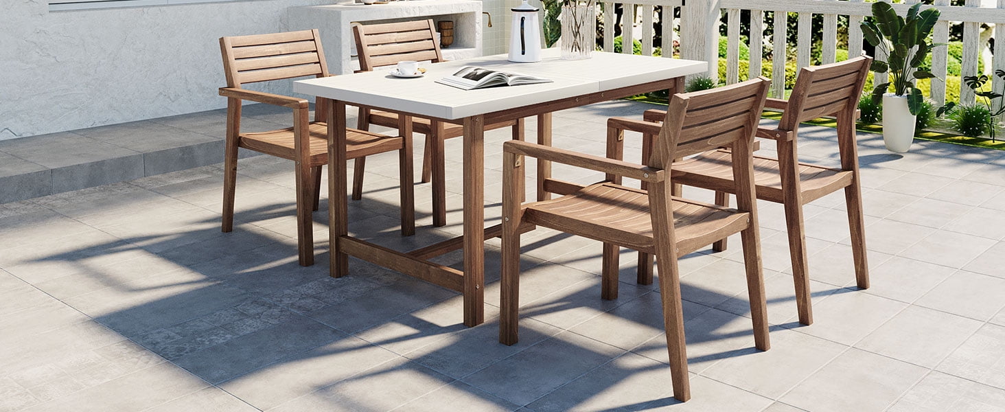 Mintazer 59" 5-Piece Outdoor Dining Set with Chairs & Umbrella Hole, Patio Furniture Set for Garden Backyard Poolside, Brown & Beige