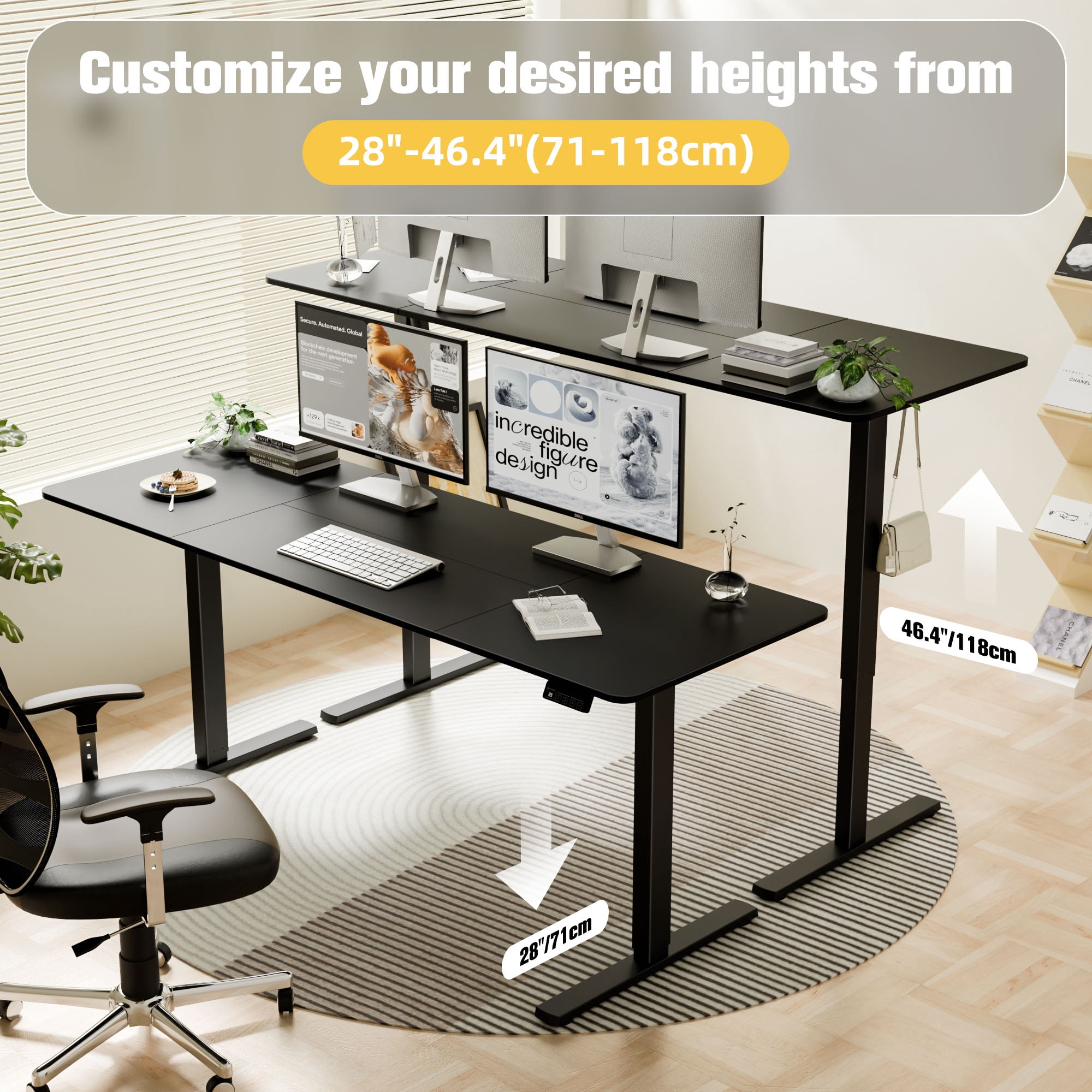 Ergomaker Electric Standing Desk，Height Adjustable Desk with Splice Board，Child Lock & Memory Function，68 x 23.6 inches，Black