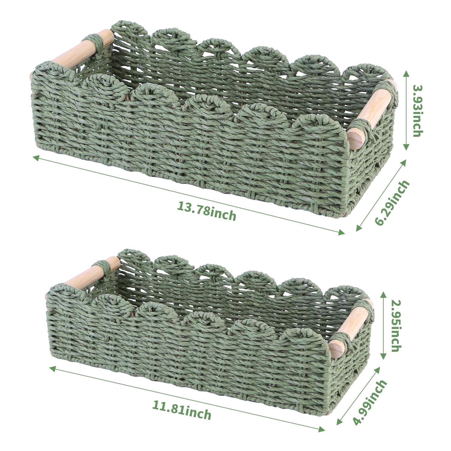 HUISZJ 2-Pack Scalloped Edge Decorative Basket,Green Hand Woven Scalloped Tray with Handles, Rectangular Rattan Storage Container for Bathroom Home Decor
