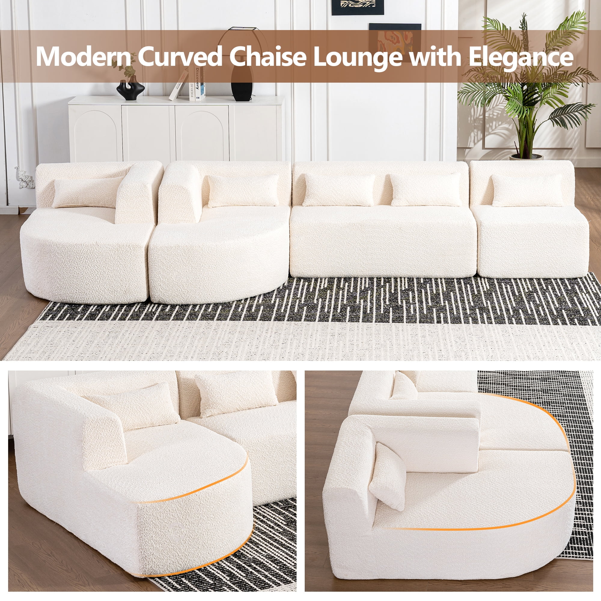 Euroco 144" Upholstered Sofa Free-combined Sofa Couch with Two Chaise Lounge and Five Back Pillows for Living Room, Beige