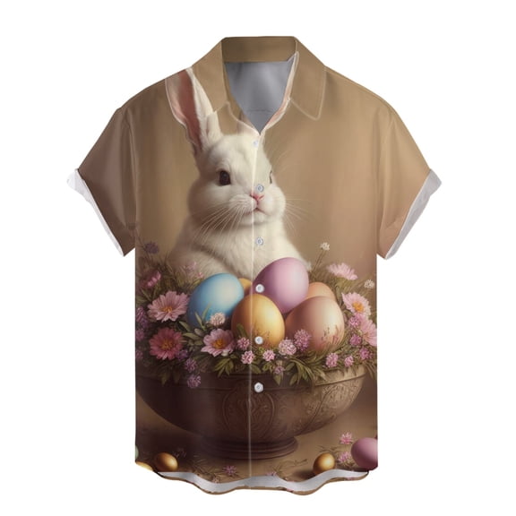 Men's Easter Button Down Shirt Short Sleeve Button Up Funny Easter Eggs Bunny Print Tops Spring Tees