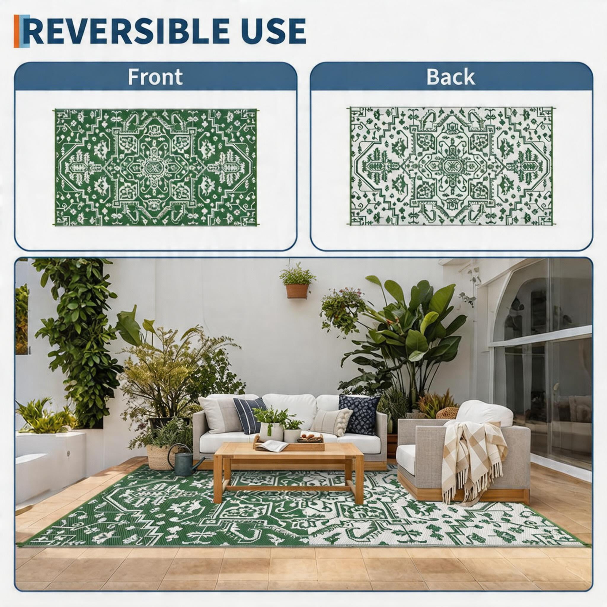 Nanan 9x12 Outdoor Patio Rug, Portable Waterproof Plastic PP Tube Rug, Modern Scalloped Edge Mat for Deck, Yard, Camping, Balcony & Poolside, Green/White