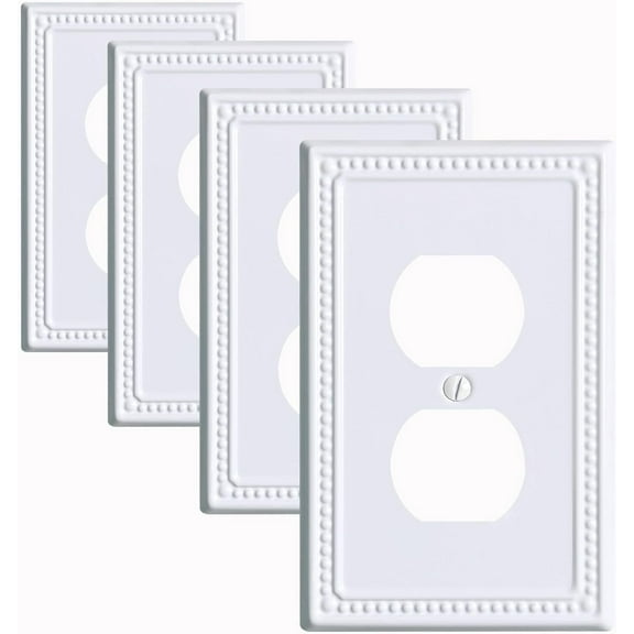Kisrvopn Metal Outlet Covers Wall Plates, White Beadboard Switch Plate Cover, Receptacle Light Switch Covers, Decorative Electrical Outlet Cover (1 Gang Duplex 4 Pack)