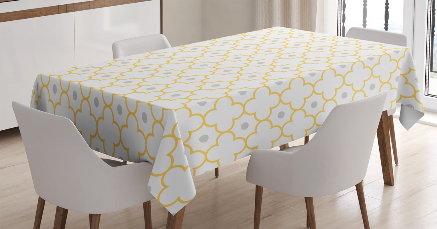 Quatrefoil Decor Tablecloth, Moroccan Lattice Pattern Dots in Daisy