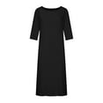 thumbnail image 4 of Women's Cotton Linen Dress Mid Sleeve Midi Casual Plus Size Tunic Dress Solid Linen Loose Casual Crewneck Long Dress, 4 of 7