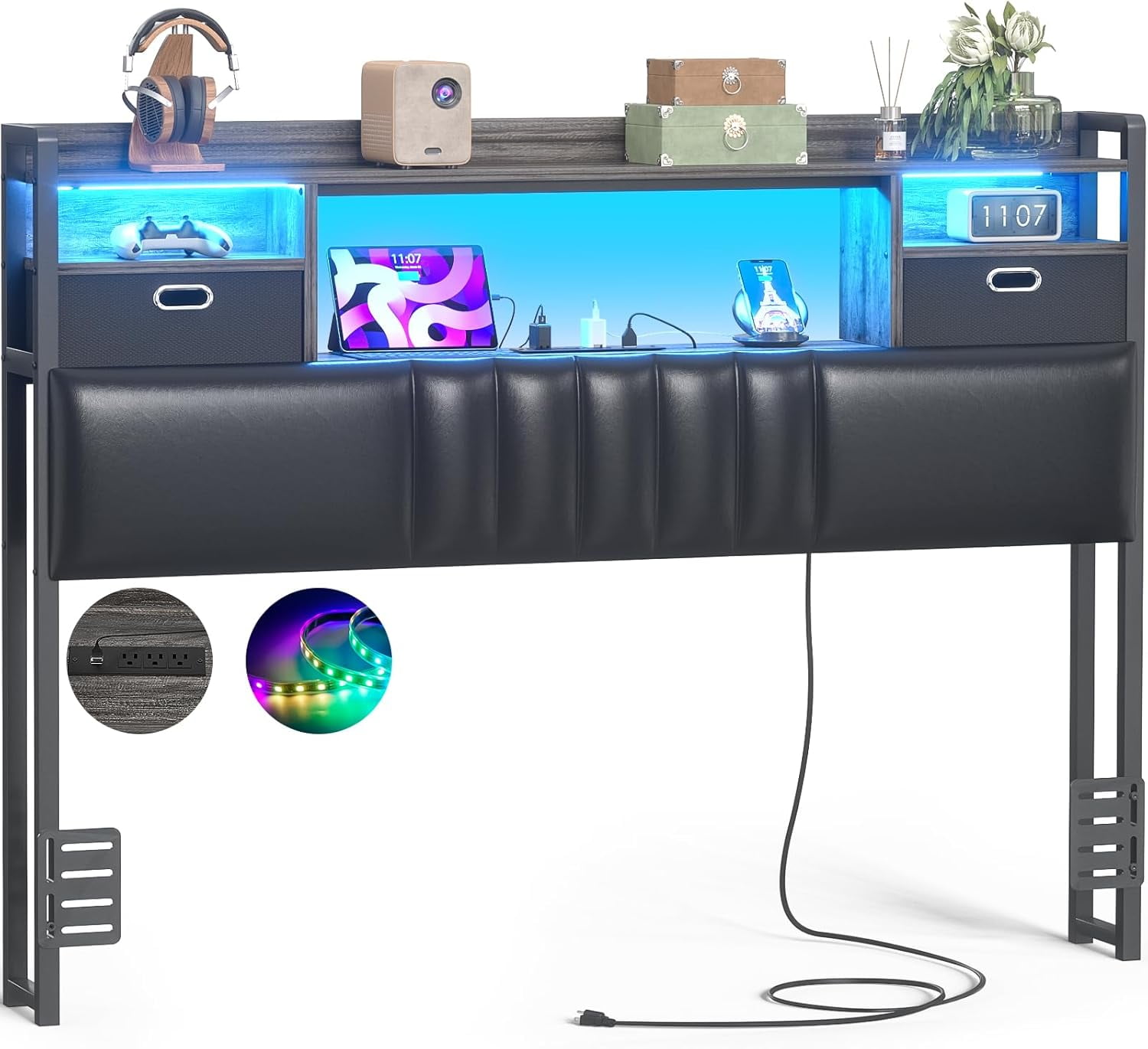 Homieasy Full Headboard with Drawer Storage and RGB LED Light, Full Size Upholstered Headboard with Charging Station and Bookcase, for Bedroom/Dorm Room/Guest Room, Black Oak