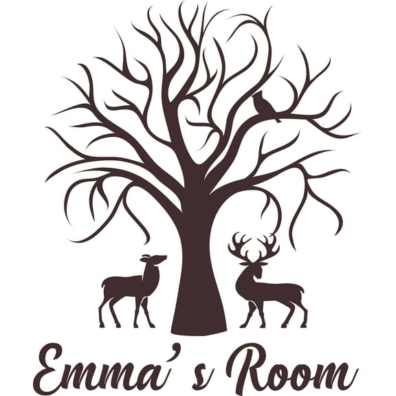 Tree Forest Animals Bird Deer Wall Decal - Custom Vinyl Wall Art - Personalized Name - Baby Girls Boys Kids Nursery Daycare Bedroom Wall Decal Room Decor Wall Stickers Decoration Size (40x20 inch)
