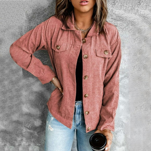 WILLBEST Winter Coat Womens Coats Winter Long Fashion Women Corduroy Jacket Turn Down Collar Long Sleeve Pockets Button Up Coat