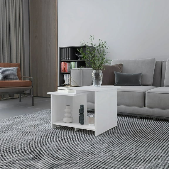 White Coffee Table with 3-Shelf Open Storage Design|Modern and Versatile