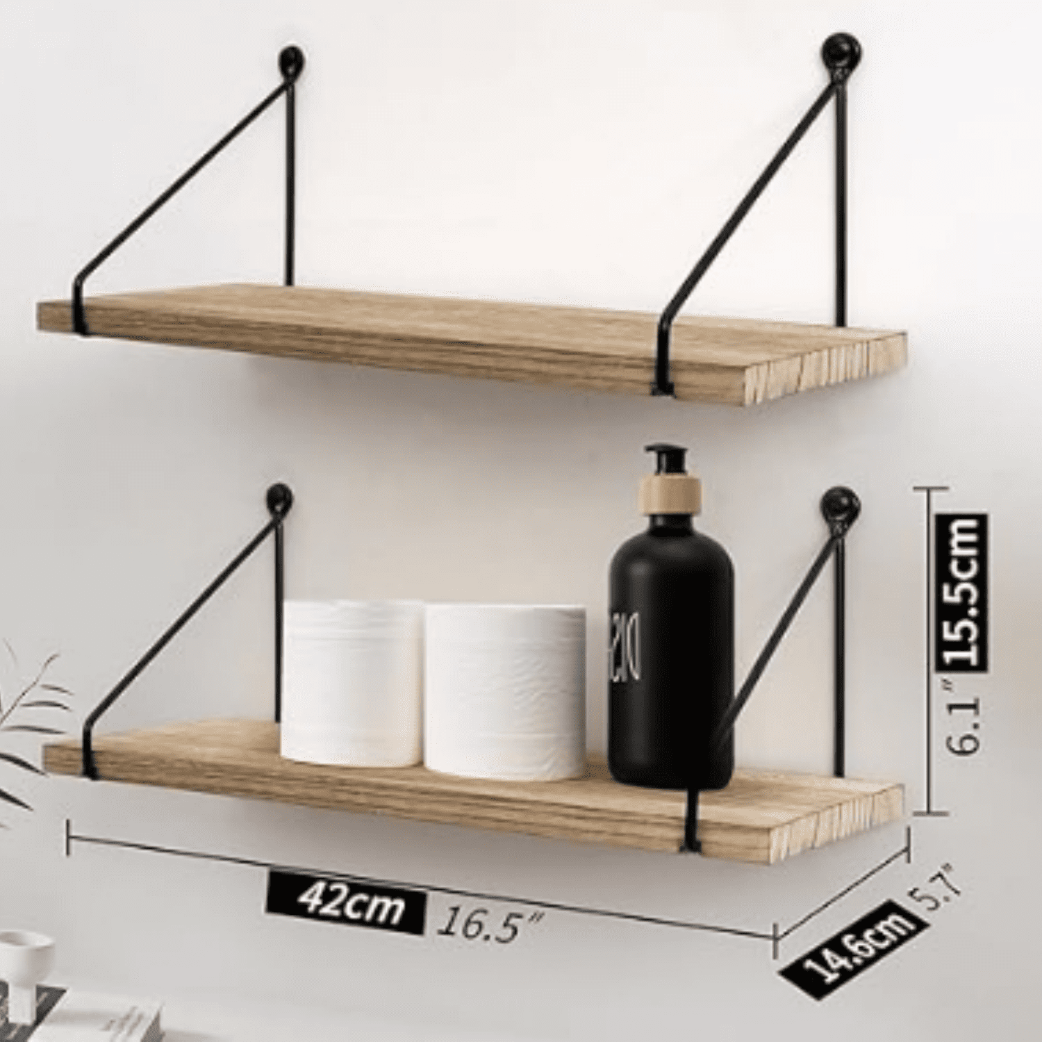 Floating Wall Shelves Rustic Wall Mounted Hanging Shelf Farmhouse Wall Bookshelf for Bathroom Kitchen Dining Living Room Wood Metal Organizers Set of 2