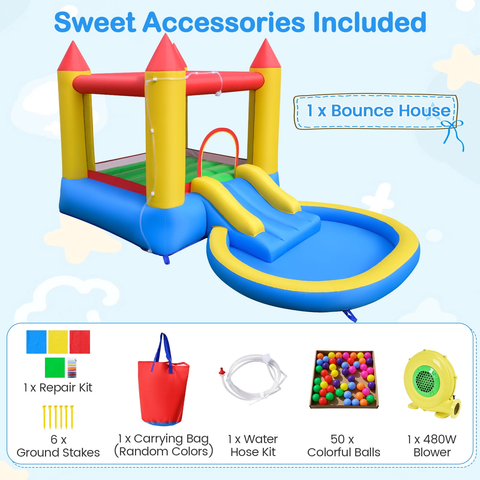 Gymax Inflatable Bounce House Kids Water Park Wet Dry w/ Splash Pool Water Slide & Bouncy Area Indoor Outdoor Jumping Castle