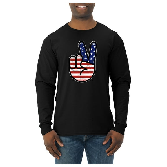 Wild Bobby USA Flag Peace Sign Hand Men Long Sleeve Shirt