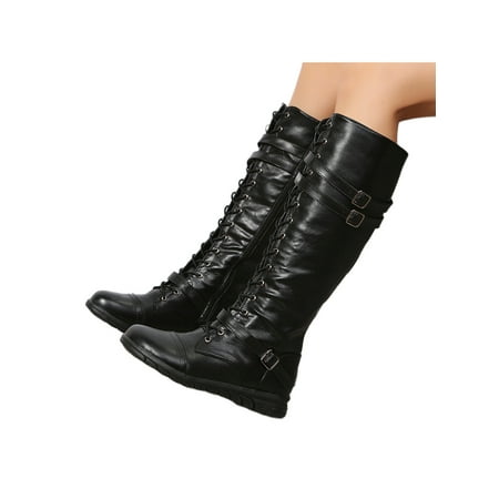 

Avamo Ladies Non Slip Bike Boot Side Zipper Winter Knee High Shoes Dress Casual Lace Up Riding Boots Black 7.5