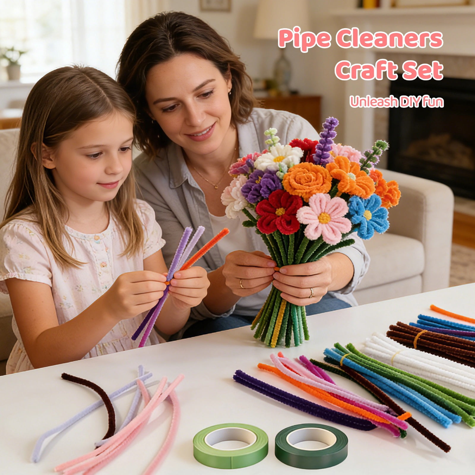 1300 Pcs Pipe Cleaners Craft Set, Chenille Stems in 13 Colors, 30 Flower Stalks, 2 Rolls Floral Tape, Pearl Stickers and Stamens, 11.8 in Bendable Twist Sticks for DIY Art Projects