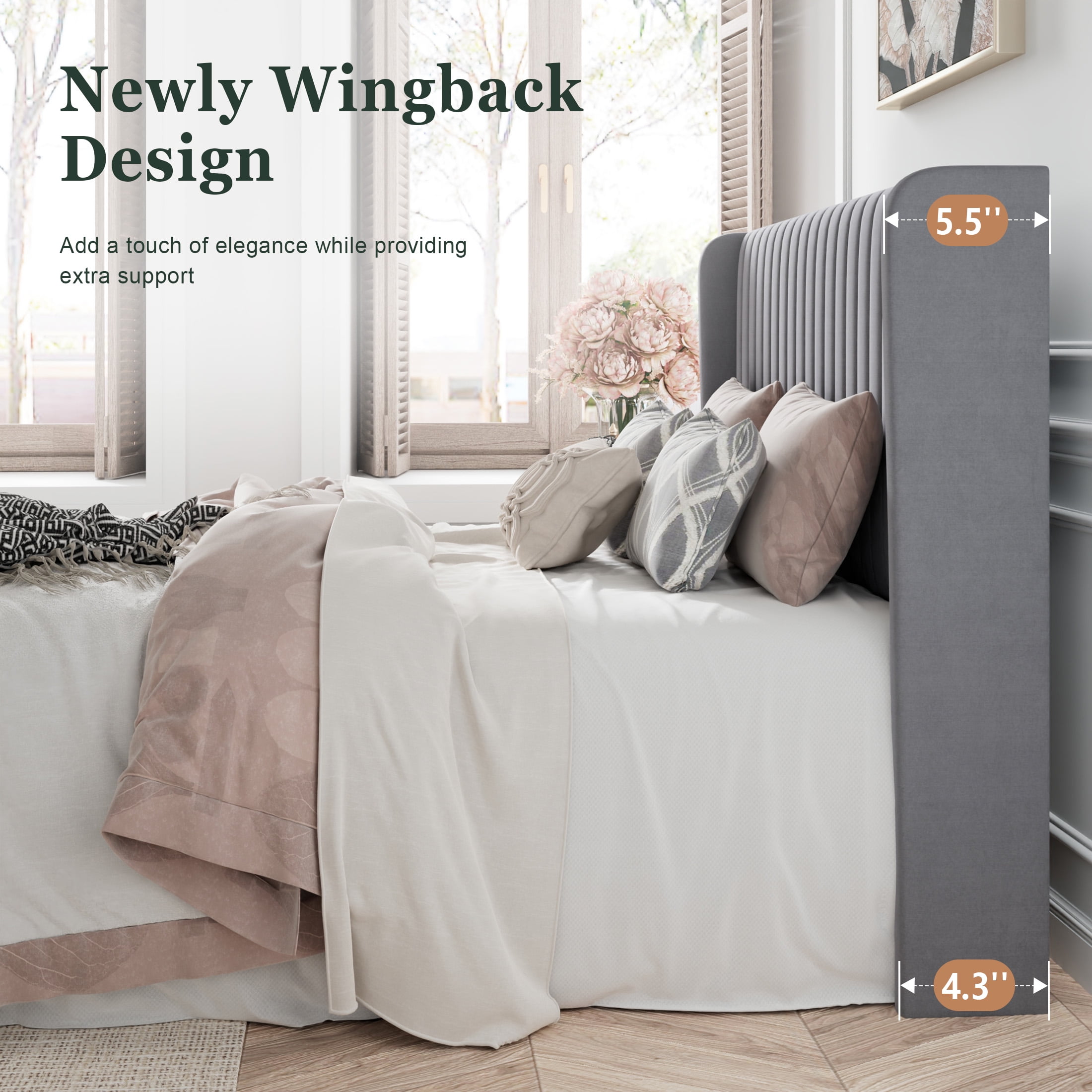 Amolife Queen Size Velvet Upholstered Bed with Wingback Headboard, Light Grey  (图4)