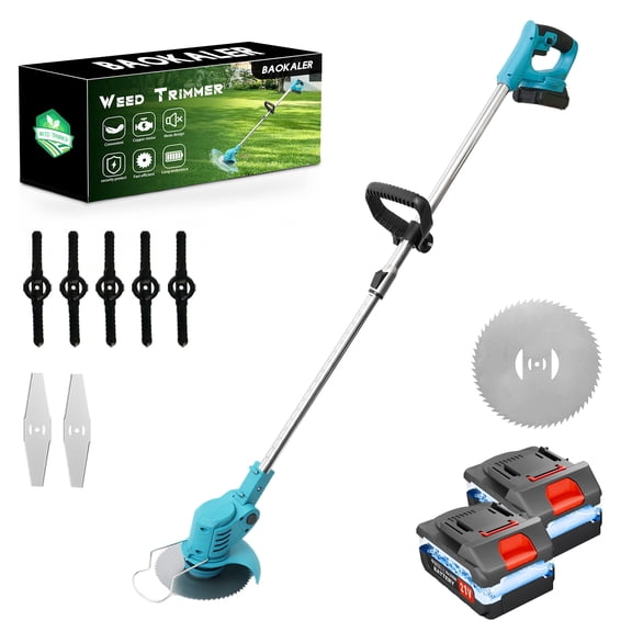 BAOKALER 24V Cordless Weed Trimmer, 650W Electric Weed Wacker, Battery Powered Weed Eater for Lawn Yard Garden, 2PC 2000mAh Batteries and Charger, 3 Types of Blades, Blue