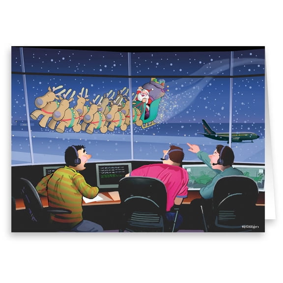 Airport Control Tower Santa Flyby - Funny CHristmas Holiday Cards - 18 Cards and 19 Envelopes