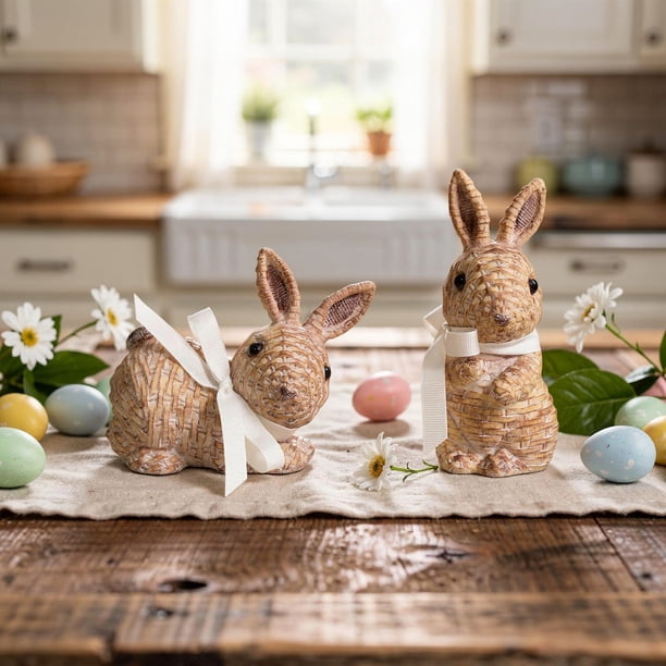 Pair Pack Easter Resin Rattan Effect Bunny Ornament Home Decor Garden Patio Home Decoration