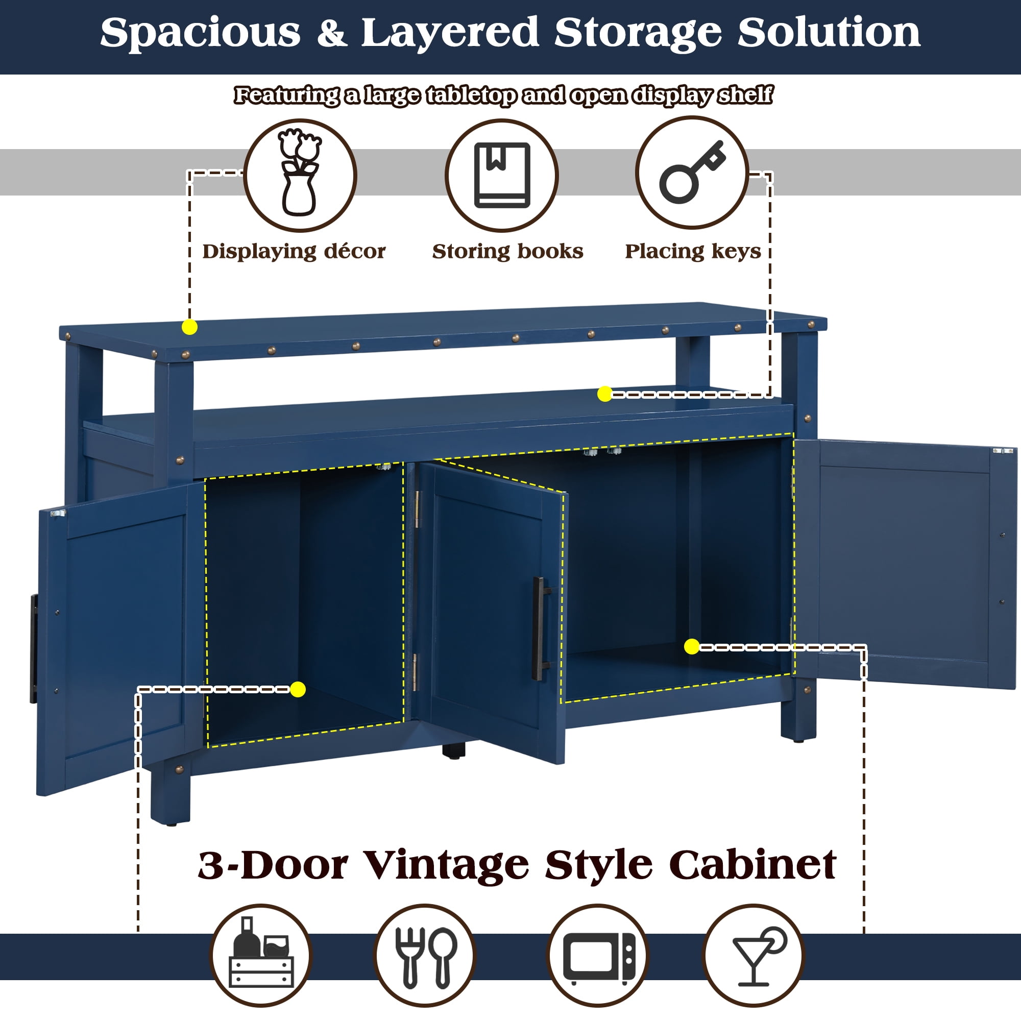 Euroco Sideboard Buffet Cabinet with 3 Doors, 55" Storage Cabinet with Metal Handles and Metal Rivets Design,Coffee Bar for Kitchen Living Room,Entryway,Navy Blue