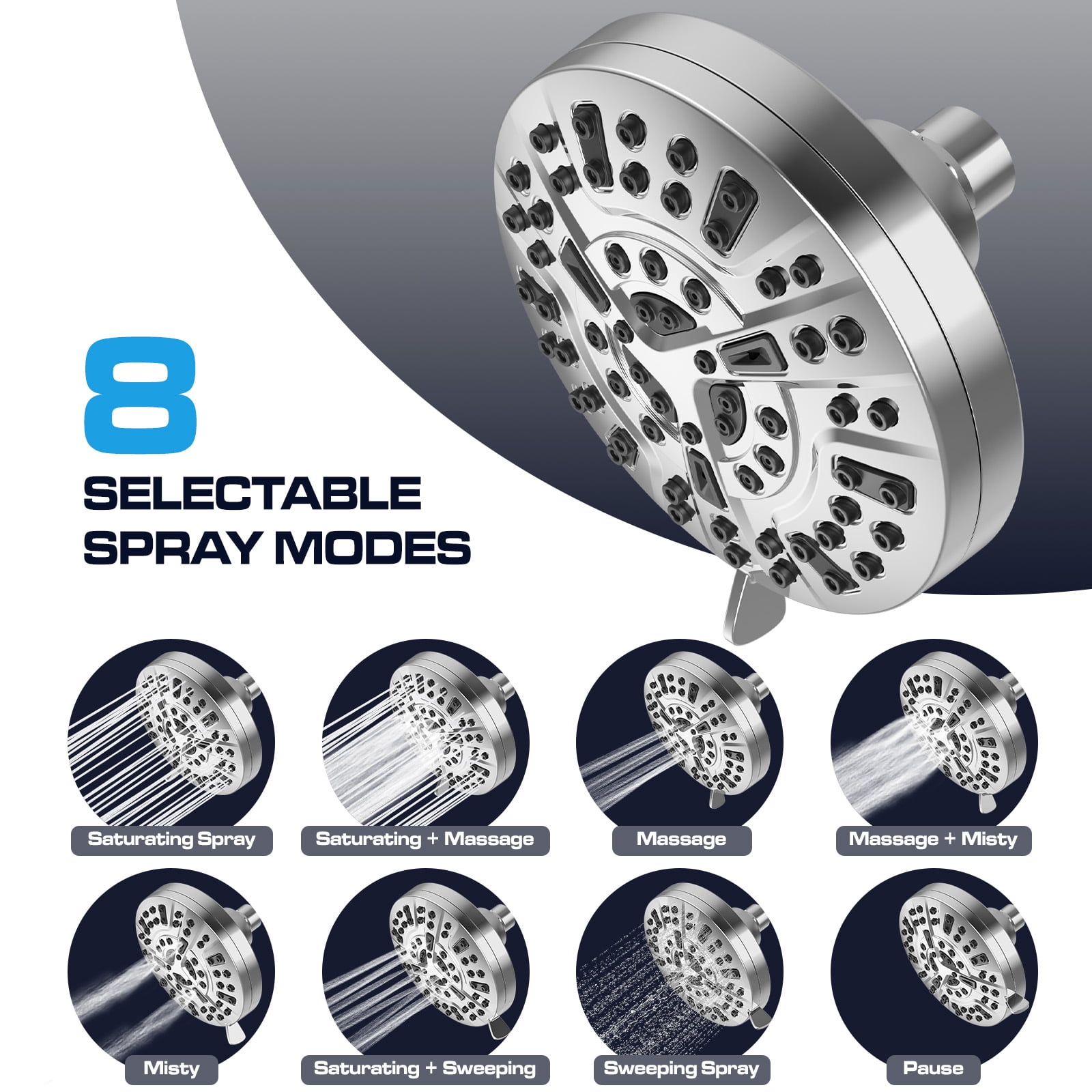 Cshidworld 8-Mode High Pressure Shower Head, Rain Fixed Showerhead with Adjustable Metal Swivel Ball Joint, Bathroom Rain Showerhead with Anti-Clogging Silicone Nozzles 5 Inch, Chrome Finish