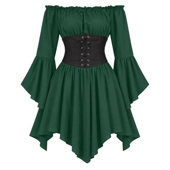 WAYUTE Pirate Costume Women Off Shoulder Flared Sleeve Asymmetrical Flounce Dress with Corset Belt Outfits Set Halloween Stage Performance