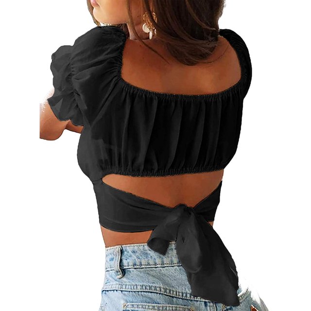 Top corto con volantes para mujer, suave, transpirable, Sexy, cuello de una línea, hombros descubiertos, lazo en la espalda, Top corto de manga corta con volantes Ecomeon no