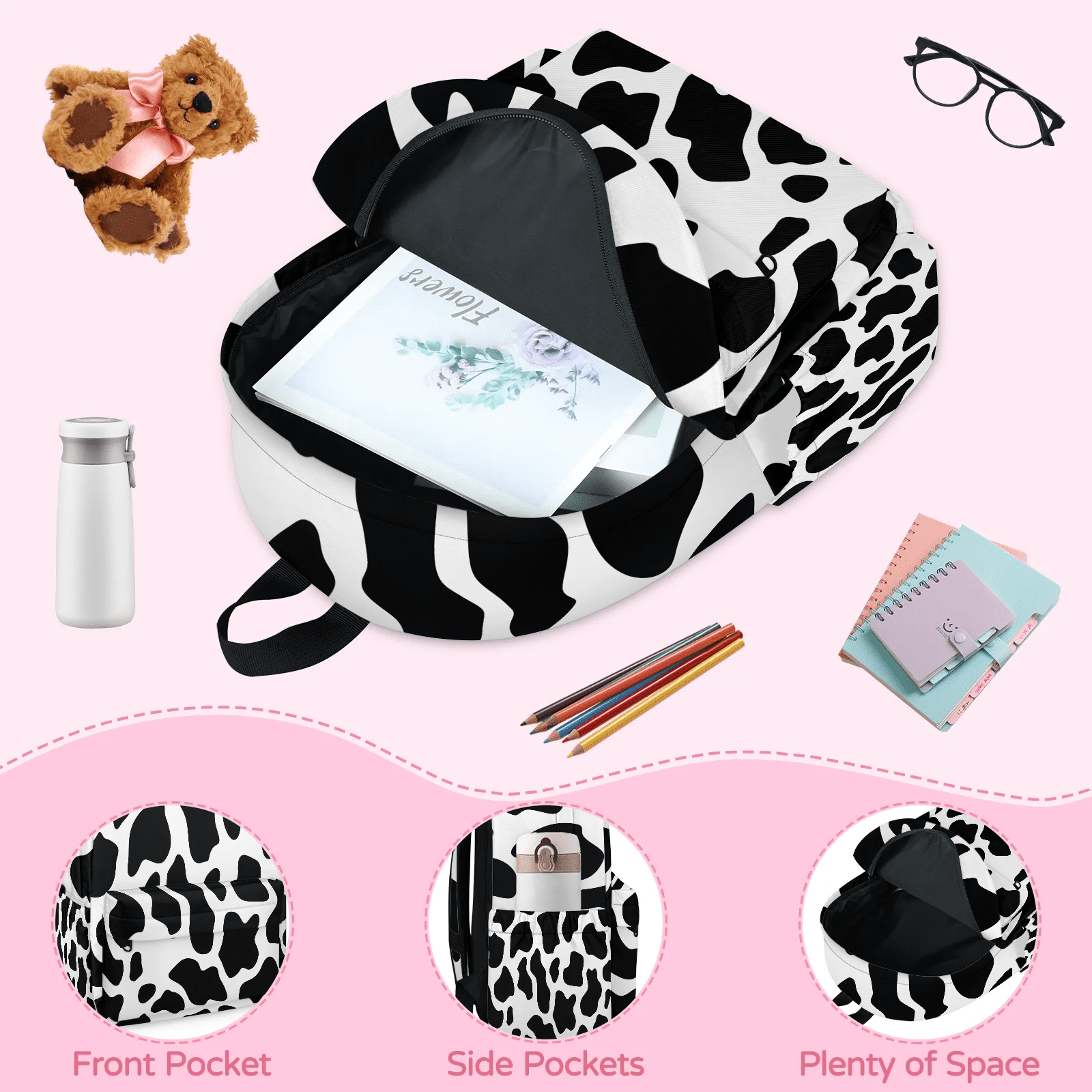 Herdesigns Black White Backpack for Men Women, Lightweight Laptop Backpack 16.3 Inch Fun Cow Print Farm Animal Casual Daypack for Travel Work Commuter