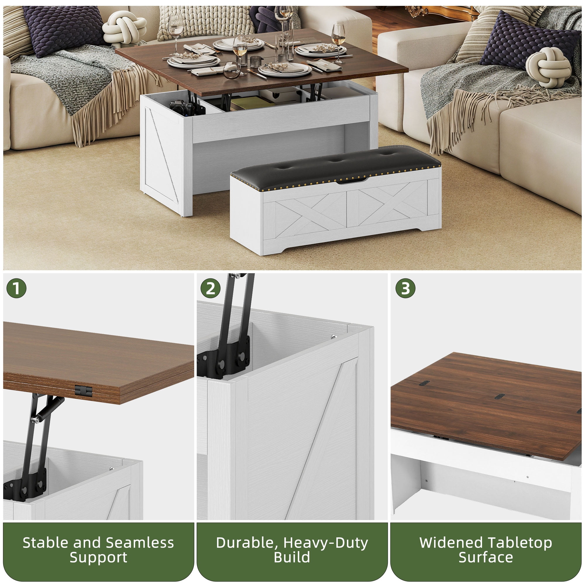 Uforic Wood Lift Top Coffee Table with Rolling Ottoman Storage Bench, White