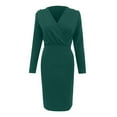 thumbnail image 4 of Idoravan Women's Dress Summer Womens Solid Slim Long Sleeve Deep V Neck Pleated Long Bag Hip Hedging Dress, 4 of 7