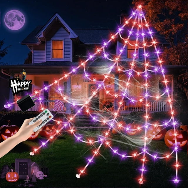 Luces GORKAY para Halloween con forma de telaraña, 16,4 pies, 550 LED, color morado y naranja