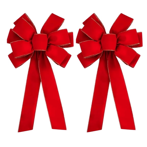 2 Pcs Red Velvet Christmas Bows,10”x20”Large Wreath Bows with Gold Edge Glitter String for Home Front Door, Xmas Tree Topper, Indoor Outdoor Holiday Decorations