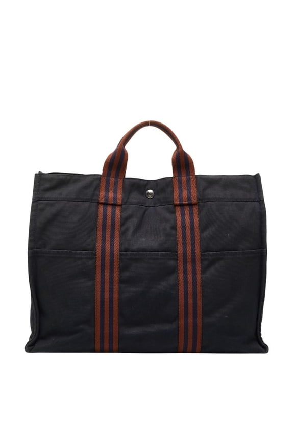 Pre-Owned Hermes Fourre-Tout Tote MM Handbag Bag Navy Brown Canvas Women's HERMES