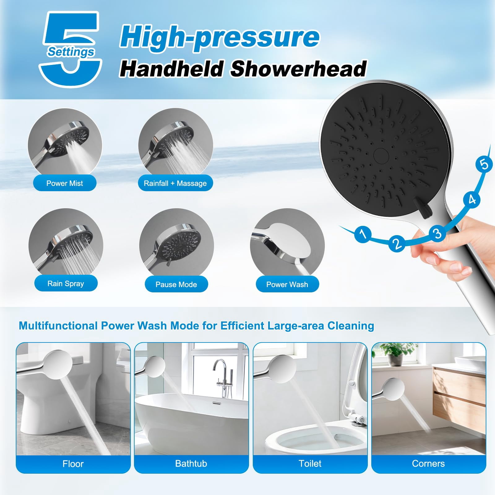 10" Rain Shower Head With Handheld  High Boosting Rainfall Showerhead All Metal Adjustable Extension Arm Easy Reach Holder 5 Spray Modes Power Wash To Install Chrome
