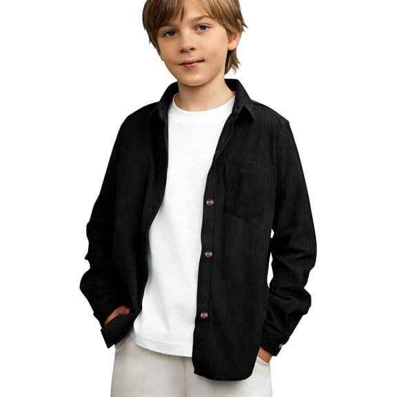 GiLiling Boys Long Sleeve Corduroy Shirt Vintage Western Shacket with Pockets Spring Casual Button Down (Black, 7-8 Years)