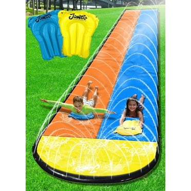 Jambo 20' Extra Long Double Slip Splash and Slide with 2 Body Boards | XL Water Slide , Slip Slide with Sprinklers, Backyard Water Toys for Outdoor Play