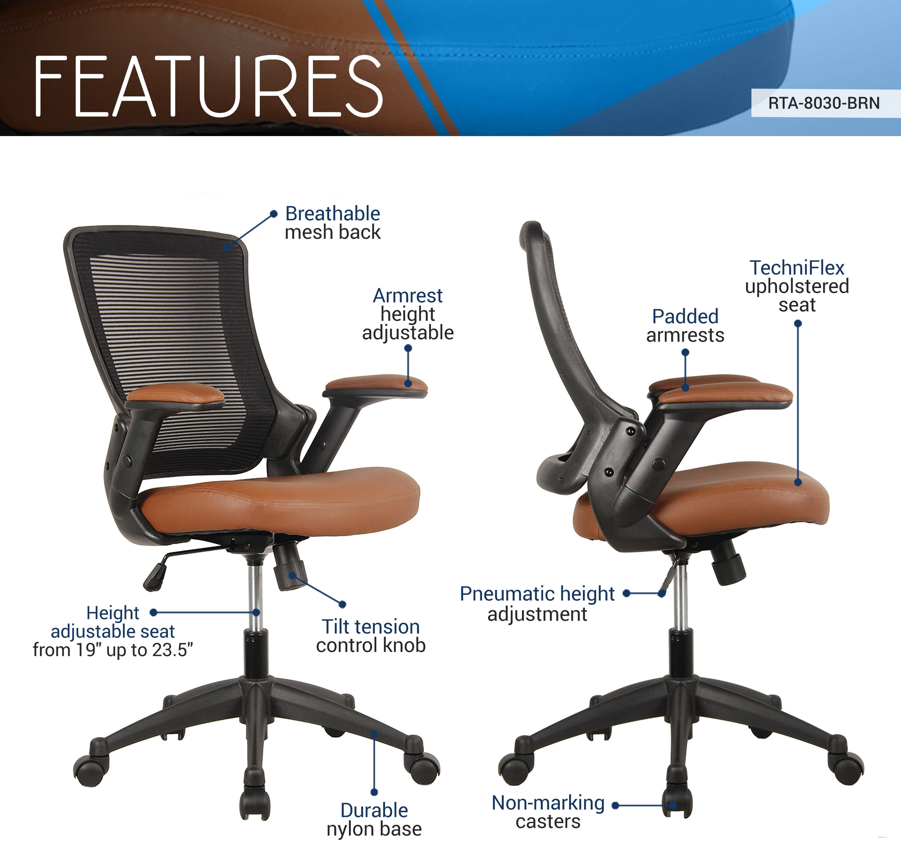 Techni Mobili Mid-Back Mesh Task Office Chair, Brown RTA-8030-BRN