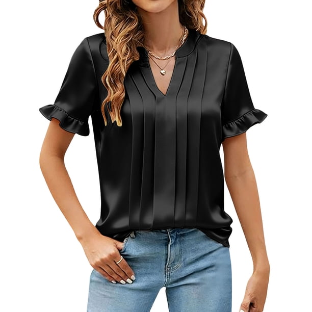 TaTaai Women's Satin V Neck Short Sleeve Shirt, Business Casual Silky Drape, Lightweight for Office Daily Party Formal Occasions Gift