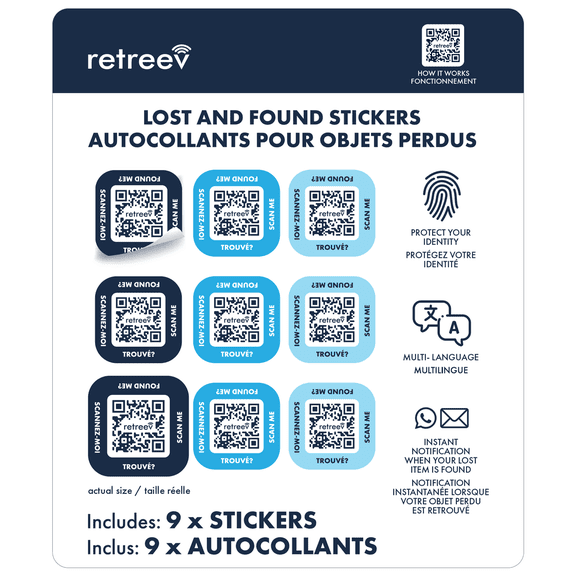 Retreev autocollants intelligents, récupération sécurisée avec protection de l’identité, pour animaux, bagages et appareils techno